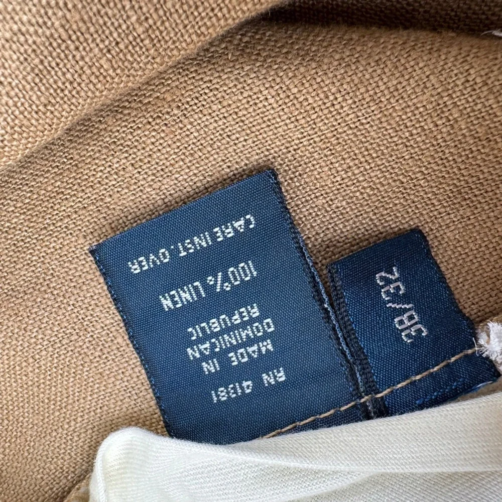 Vintage Polo Ralph Lauren Linen Trousers Mens 38x32 Tan Brown Pleated Cuff Pants